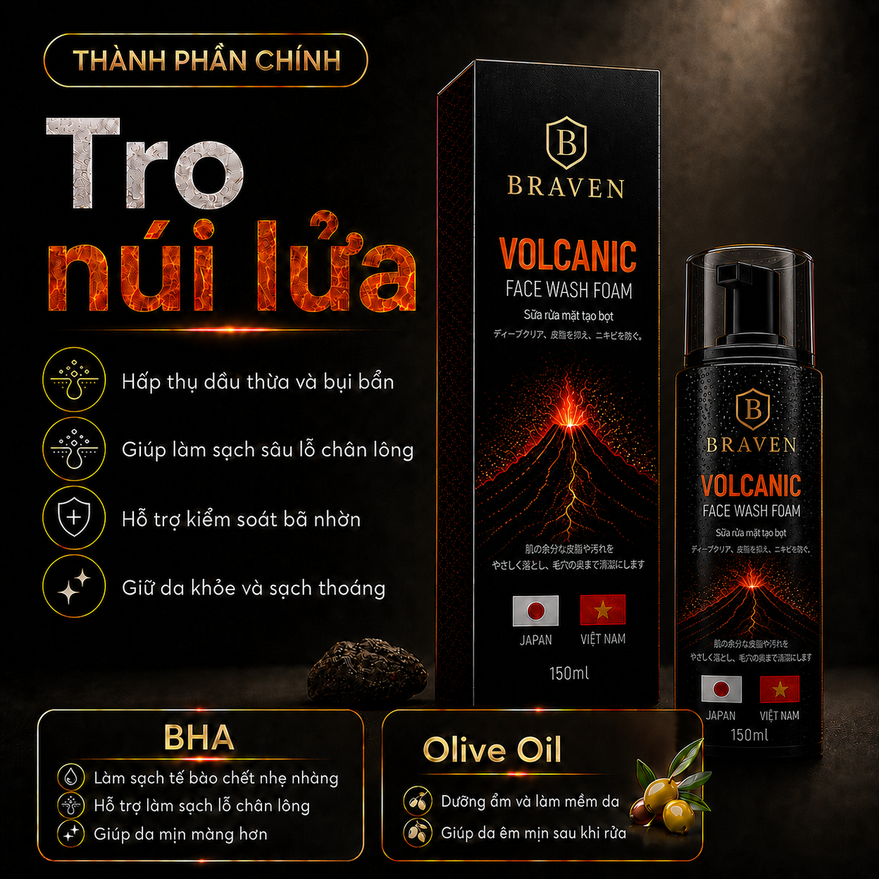 BRAVEN VOLCANIC FACE FOAM – Bọt Rửa Mặt Nam Cao Cấp, Làm Sạch Sâu, Kiểm Soát Dầu, Sạch Thoáng Nam Tính